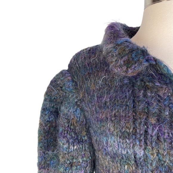 VTG Handmade Multicolored Wool Knit Collared Puffed Sleeve Cardigan Sweater. - Picture 3 of 8